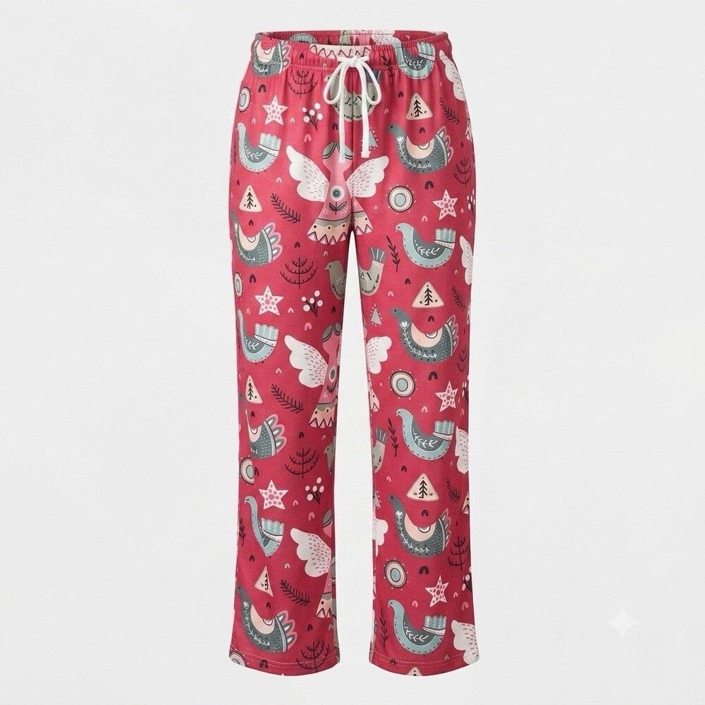Womens Scandinavian Holiday Pajama Pants XL Red Folk Art Angel Bird Lounge New